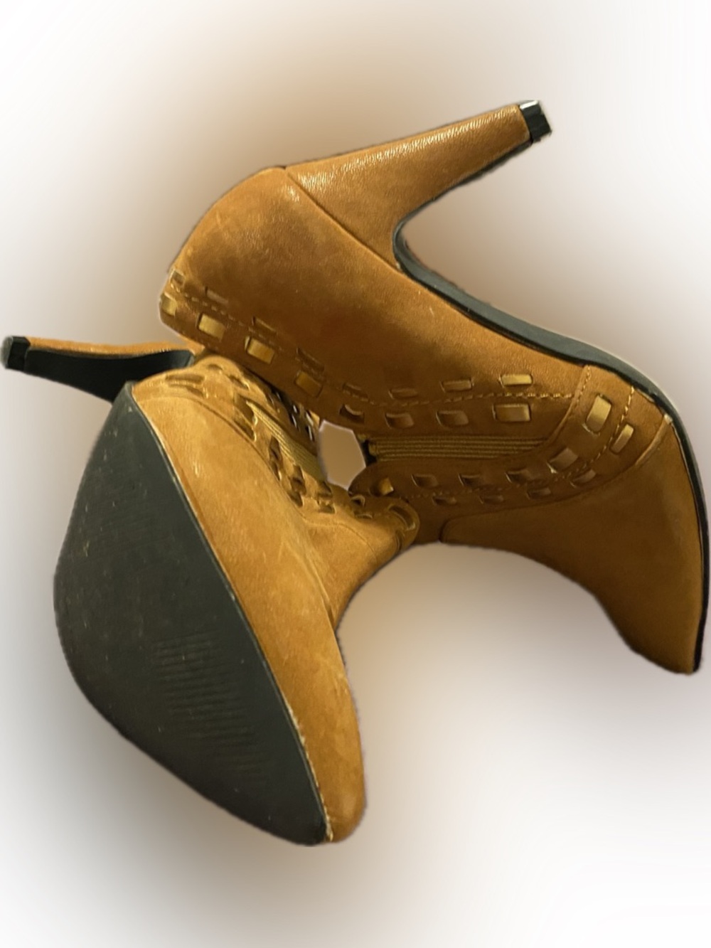 Pointed Suede Ankle Booties with Decorative Cutouts in Tan - Picture 13 of 16